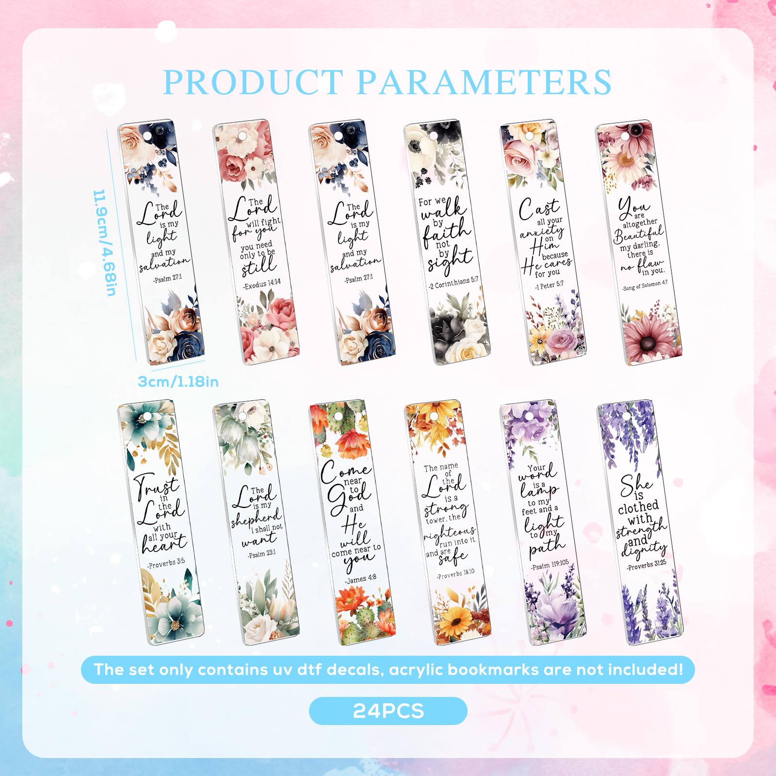 Marcapáginas UV DTF – 24 hojas de calcomanías UVDTF con versículo bíblico para marcadores acrílicos, impresión de doble cara, flores cristianas, calcomanías de transferencia afirmativa para