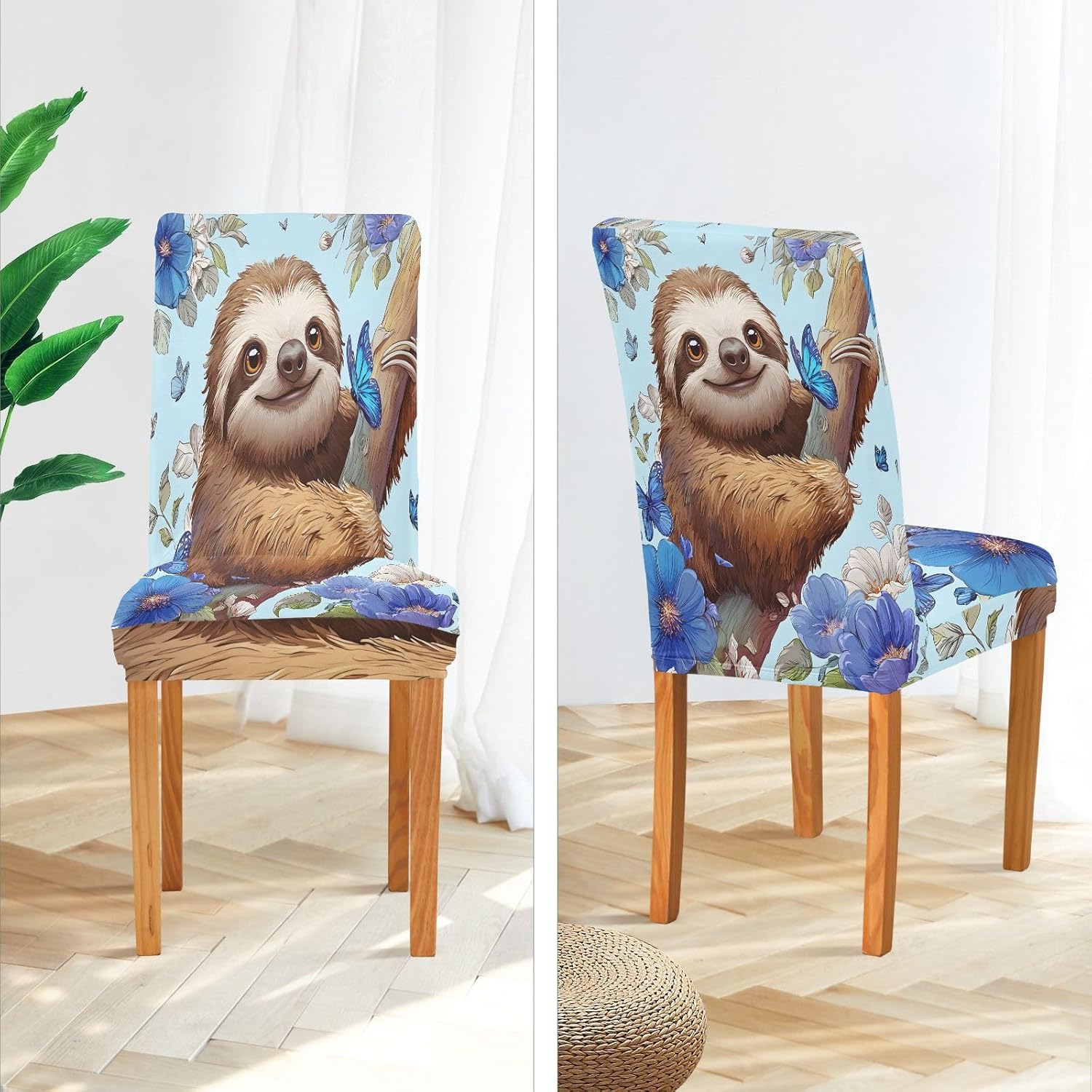 ALAZA Chair Covers for Dining Room, Sloth Butterfly Flower Stretch Chair Cover Sets Chair Protector Removable Washable for Ktichen Restaurant Hotel