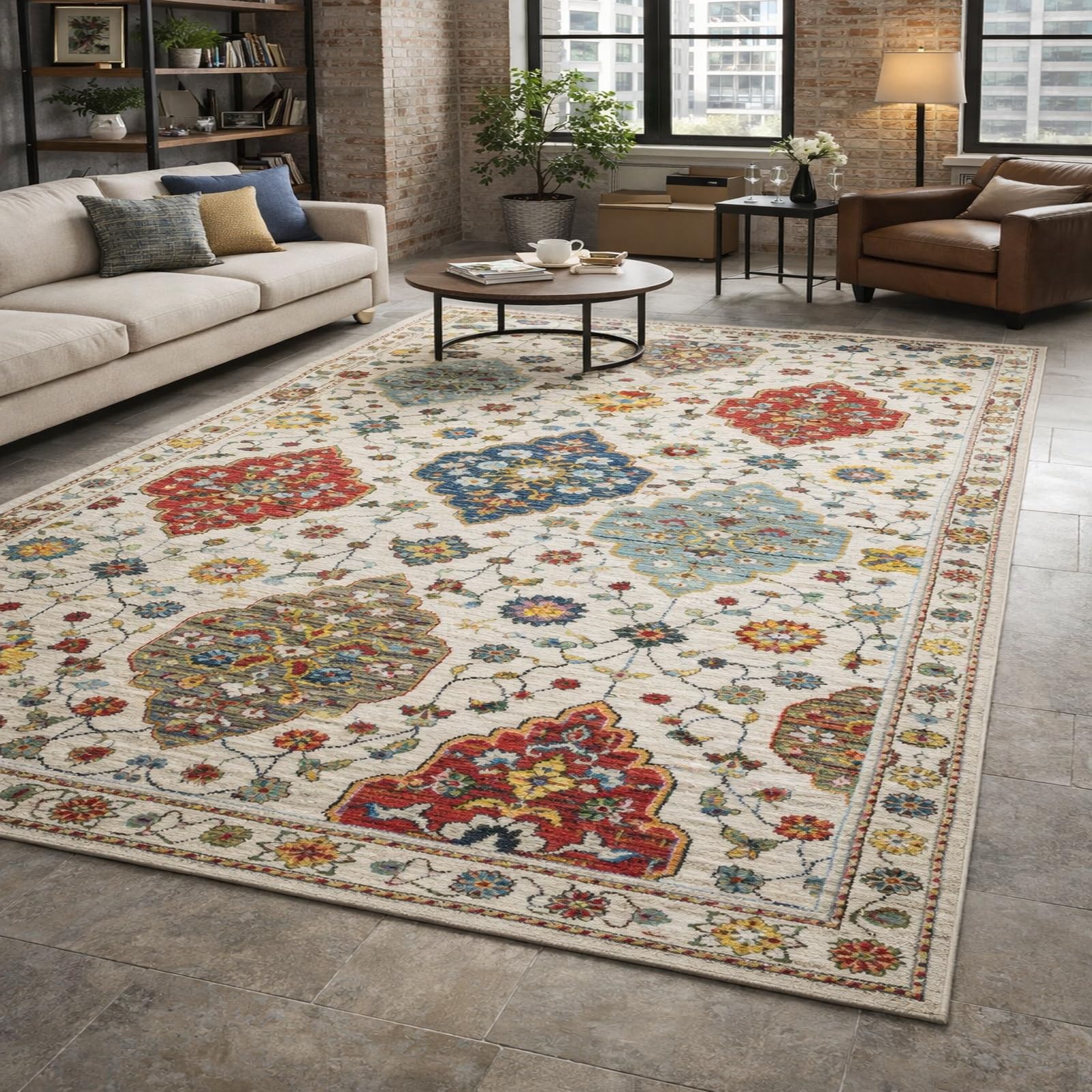 Tapis de salon oriental rouge et bleu 120x200 cm à poils ras