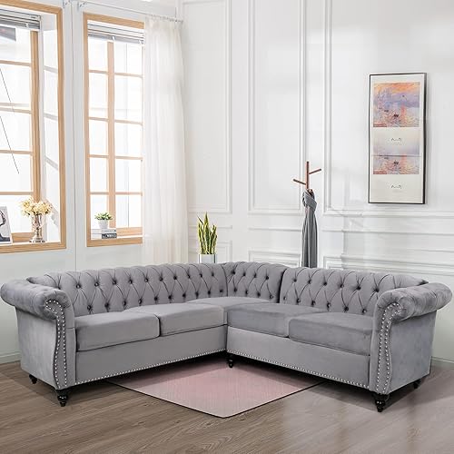 Miniatura 3 de RARZOE Chesterfield - Sofá modular en forma de L, sofá de terciopelo con botones profundos, brazo enrollado tapizado, sofá clásico Chesterfield para