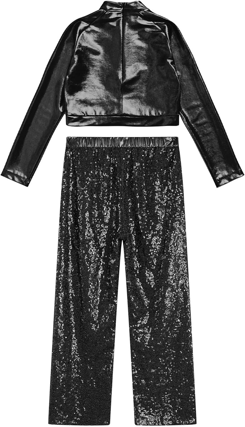 Agoky Kids Girls Sequins Long Sleeve Crop Top Pants Set for Hip-hop Street Ballet Performance Dance Costume