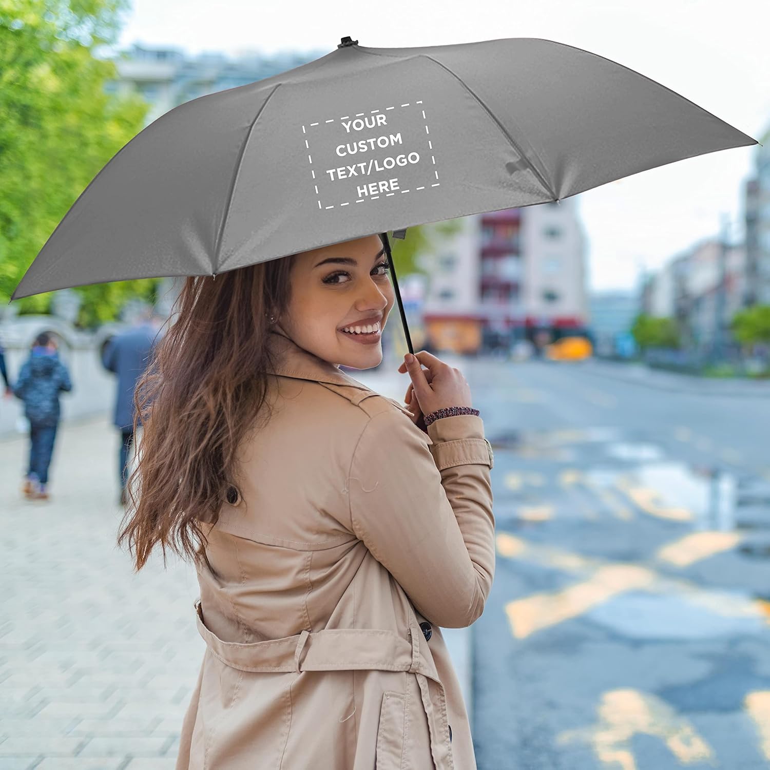 DISCOUNT PROMOS Custom Compact Manual Folding Umbrellas Set of 12/36/96, Personalized Bulk Pack - Perfect for Travel, Promotional Events or Giveaways - Grey