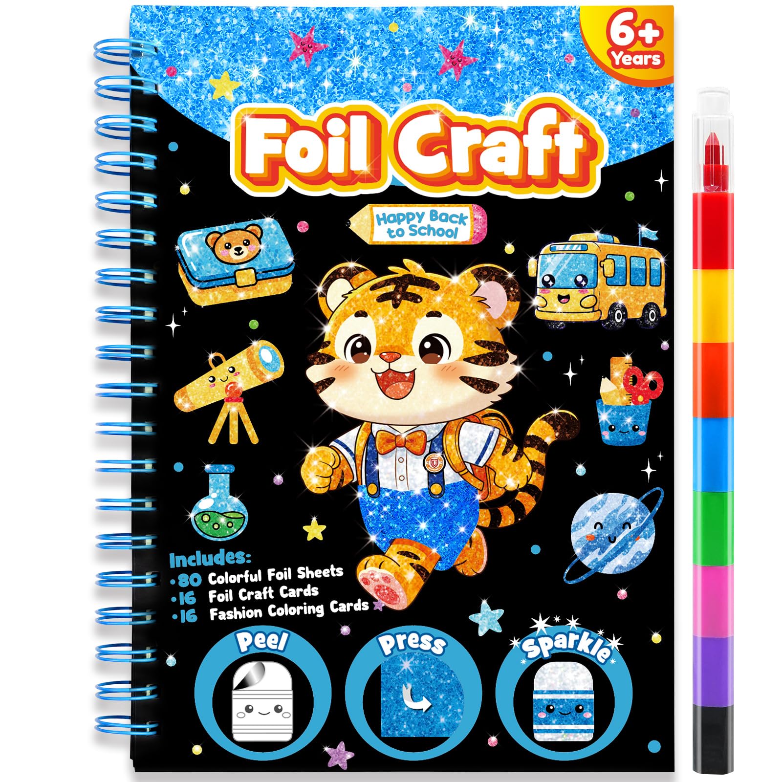 LIKYMO Foil Art - Foil Craft, Art and Craft for Kids, No Mess Colouring Book, DIY Creative Activity, Travel Toys, Gifts for 4-9 Year Old Girls Boys (School Boy)