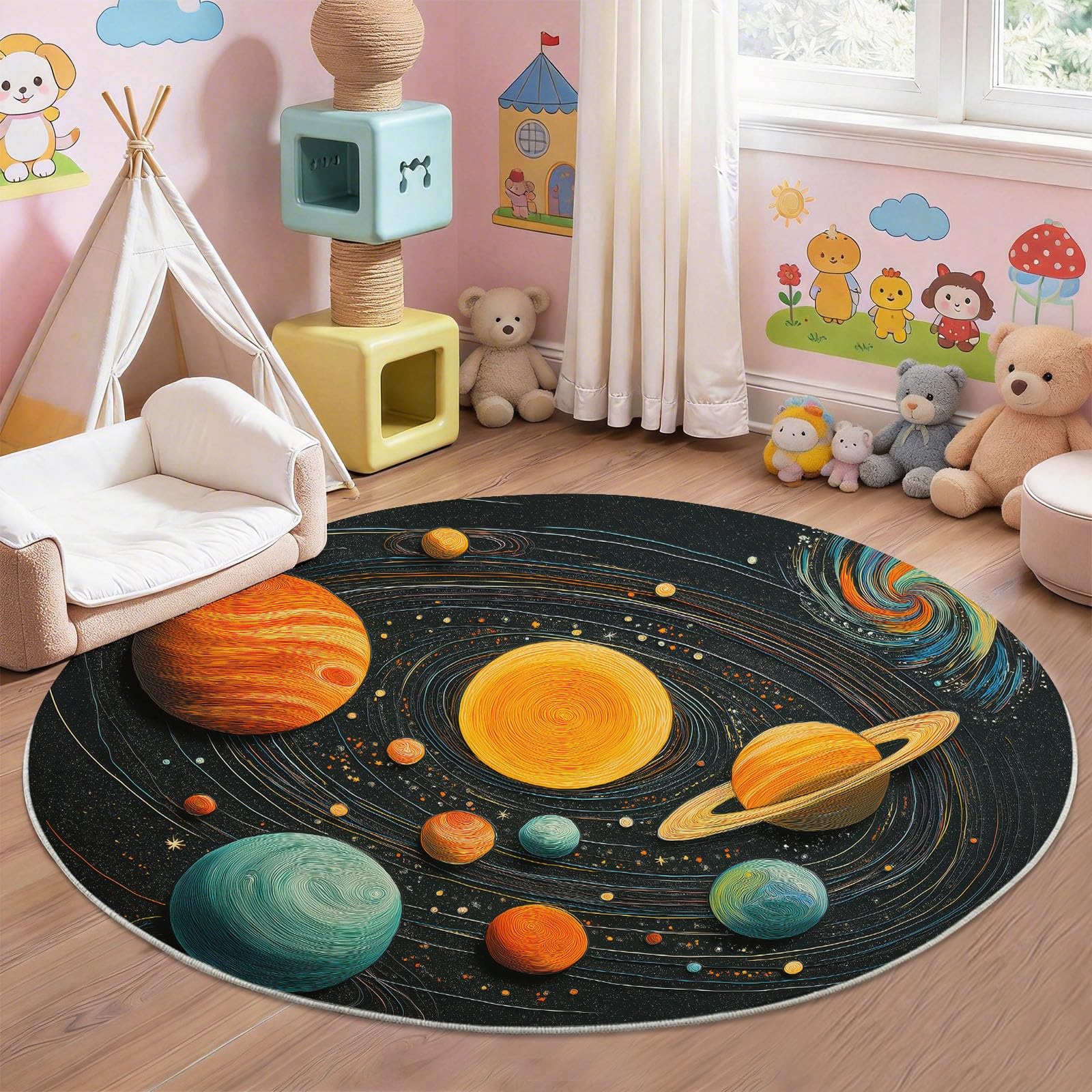 Generisch Teppich Rund 120 cm Himmlisches Universum & Sterne, Waschbar rutschfest Kurzflor, Runde Teppiche für Wohnzimmer Schlafzimmer Kinderzimmer Flur Kinder, Schwarz