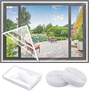 Adjustable Window Insulation Kit for Winter 63x63in Cuttable Transparent Film 180㎛ Thickness with Adhesive Straps Easy to Open for Ventilation Reusable Plastic Window wrap