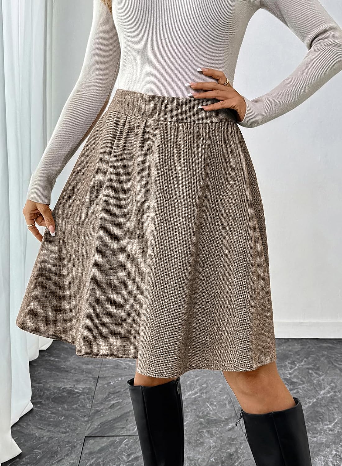 Happy Sailed Womens Winter Fall Tweed High Waisted Flared Mini Skater Skirt A Line Pleated Midi Skirts