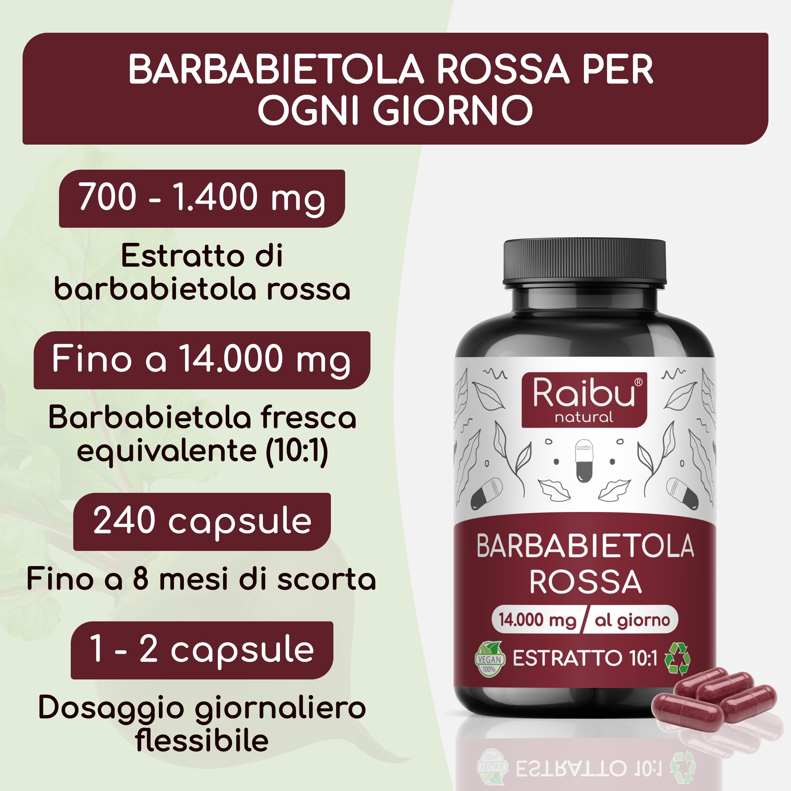 Barbabietola Rossa 14.000 mg al Giorno - 240 Capsule, fino a 8 mesi di fornitura - Barbabietola Rossa Integratore, Estratto 10:1 - Supporto all’Ossido Nitrico - Vegano, Senza Stearato di Magnesio