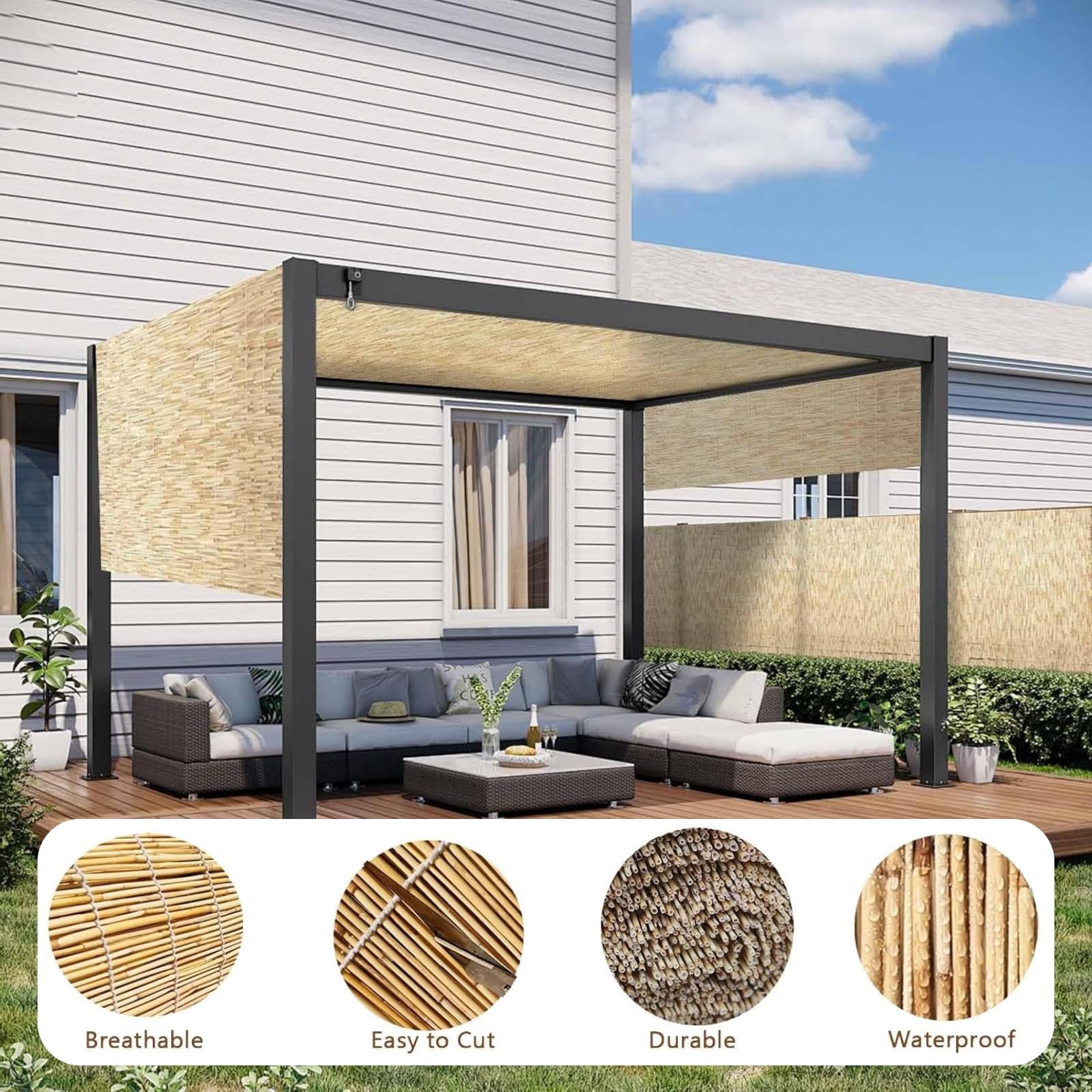 100 x 350 cm - Zewnętrzny balkon i ogród ochrona przed wiatrem i słońcem, roleta pionowa, naturalny bambus prywatność na patio i podwórko