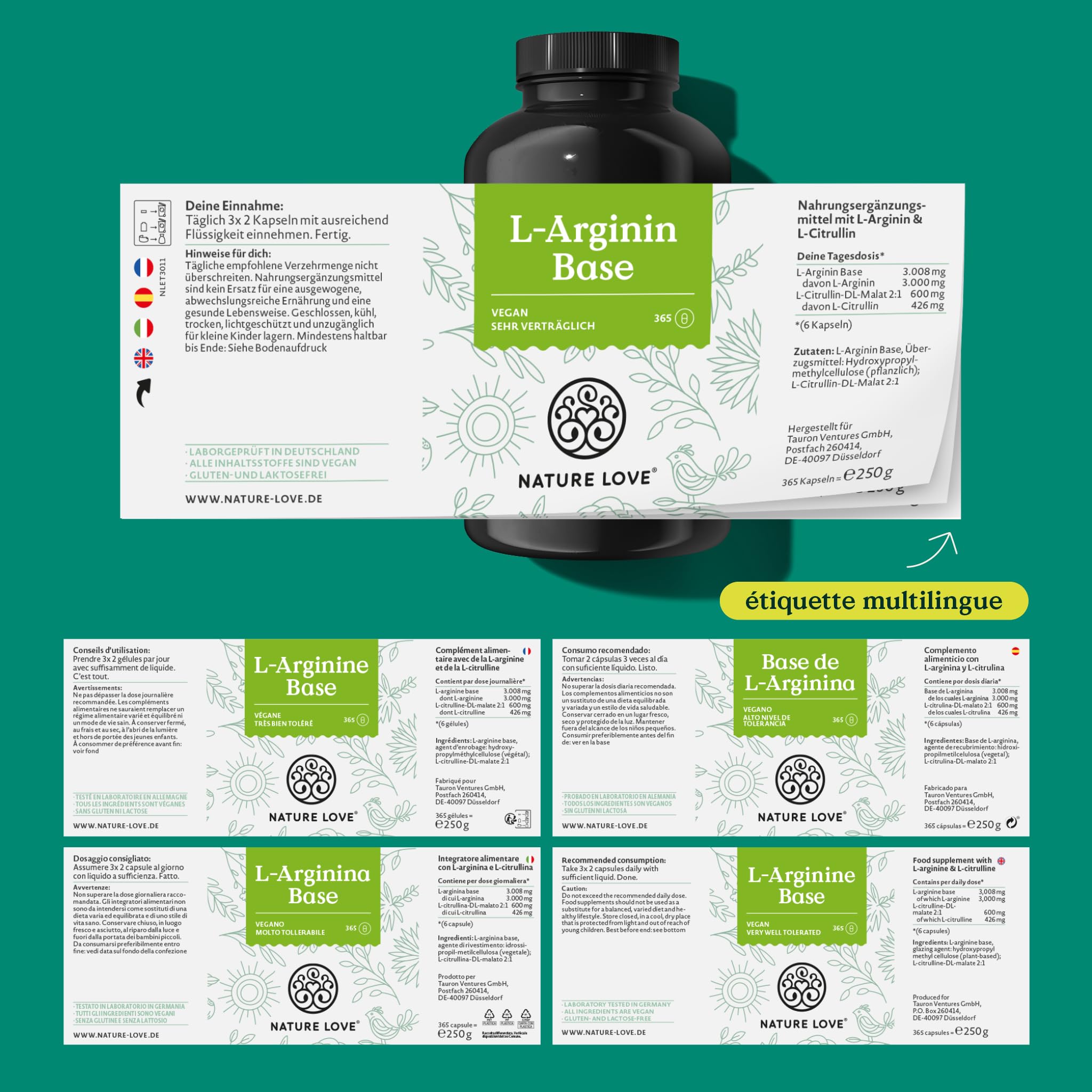 NATURE LOVE® L-arginine base avec citrulline - 365 gélules - Arginine végétale haute qualité en forme BASE avec une pureté de 99,7+% - Hautement dosé, végane, produit en Allemagne
