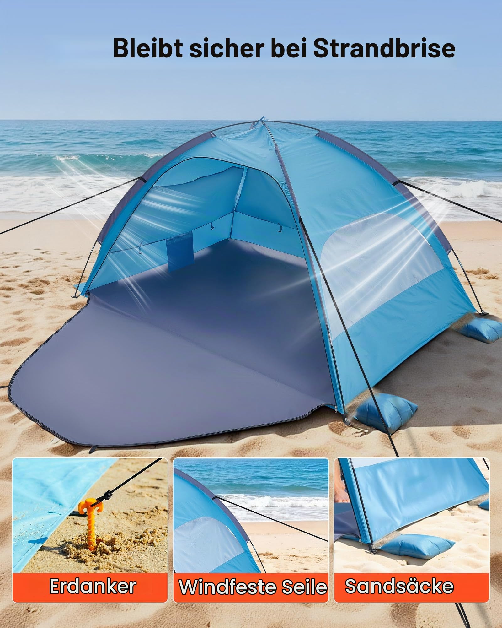 VEVOR Strandmuschel Sonnenschutz für 3 Personen, UPF 50+ Schutz, Tragbares Strandzelt mit Tragetasche & Bodenverankerungen, Leichter Strandsonnenschirm für Camping Angeln Picknick, Sonnenzelt