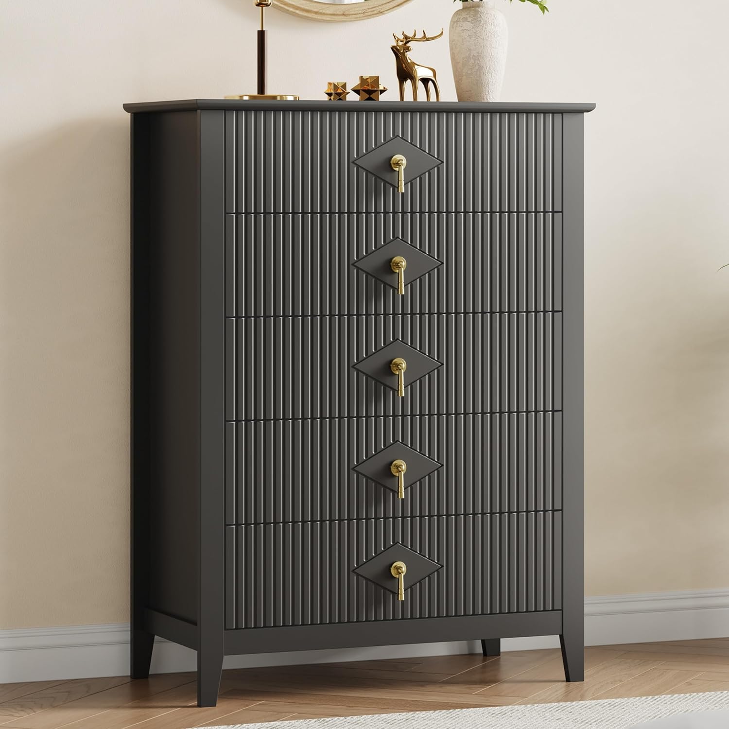 Fluted 5 Drawers Dresser for Bedroom, 42.9" Tall Modern Chest of Drawers with Metal Handle, Wooden Dresser Organizer for Bedroom, Living Room, Hallway, Entryway, Black