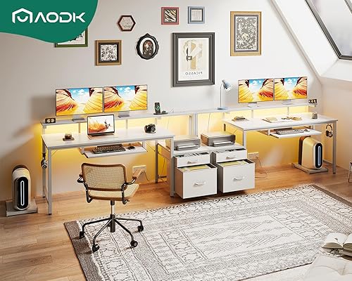 Miniatura 9 de AODK Escritorio de computadora con cajones y bandeja para teclado, escritorio de oficina de 63" con toma de corriente y luces LED, escritorio de
