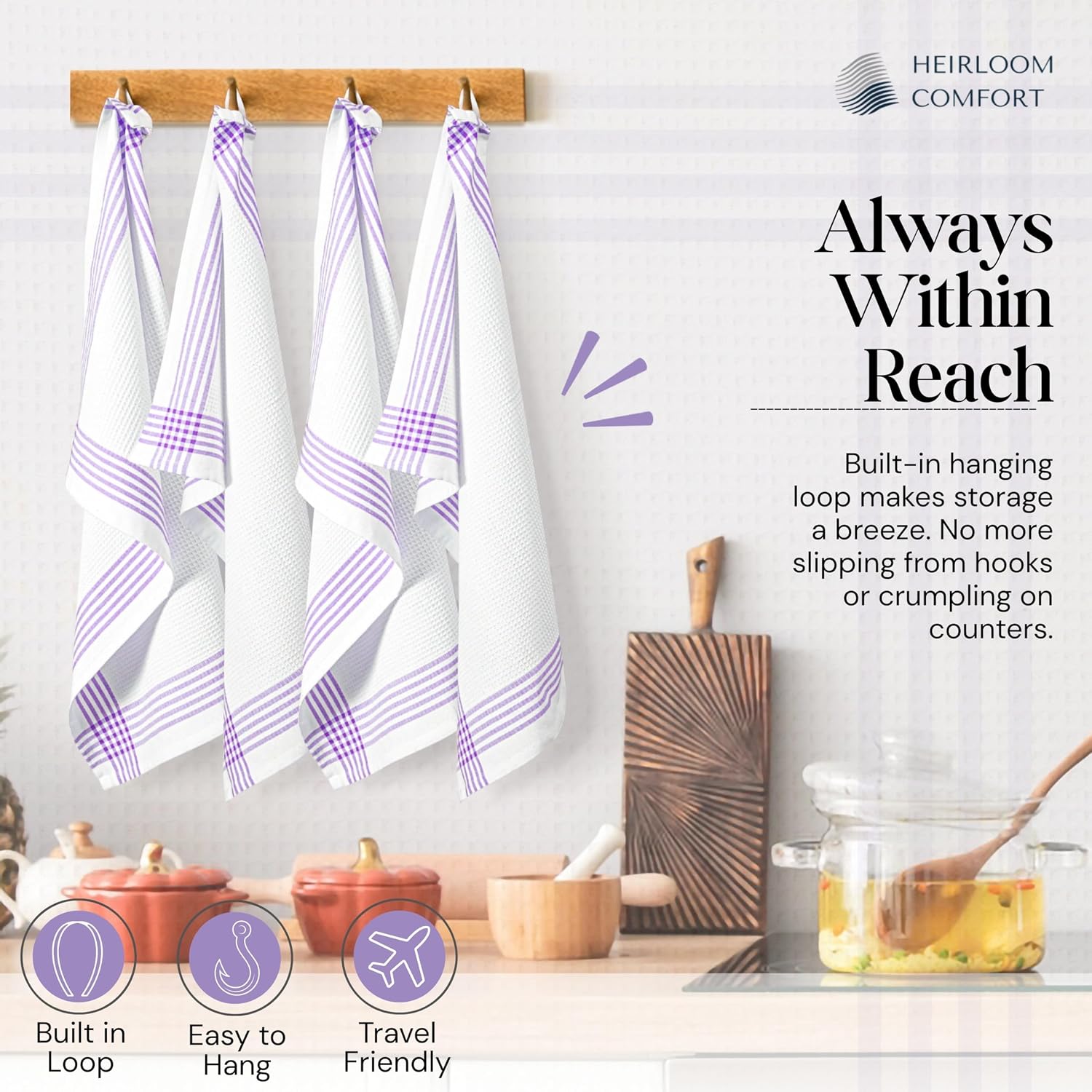 Lavender and White Kitchen Towels, Pack of 3, 40 x 66 cm, 100% Cotton, Waffle Weave, Super Absorbent, Quick Drying, Soft and Durable Tea Towels for Drying, Cooking Lavender, White Pack of 3