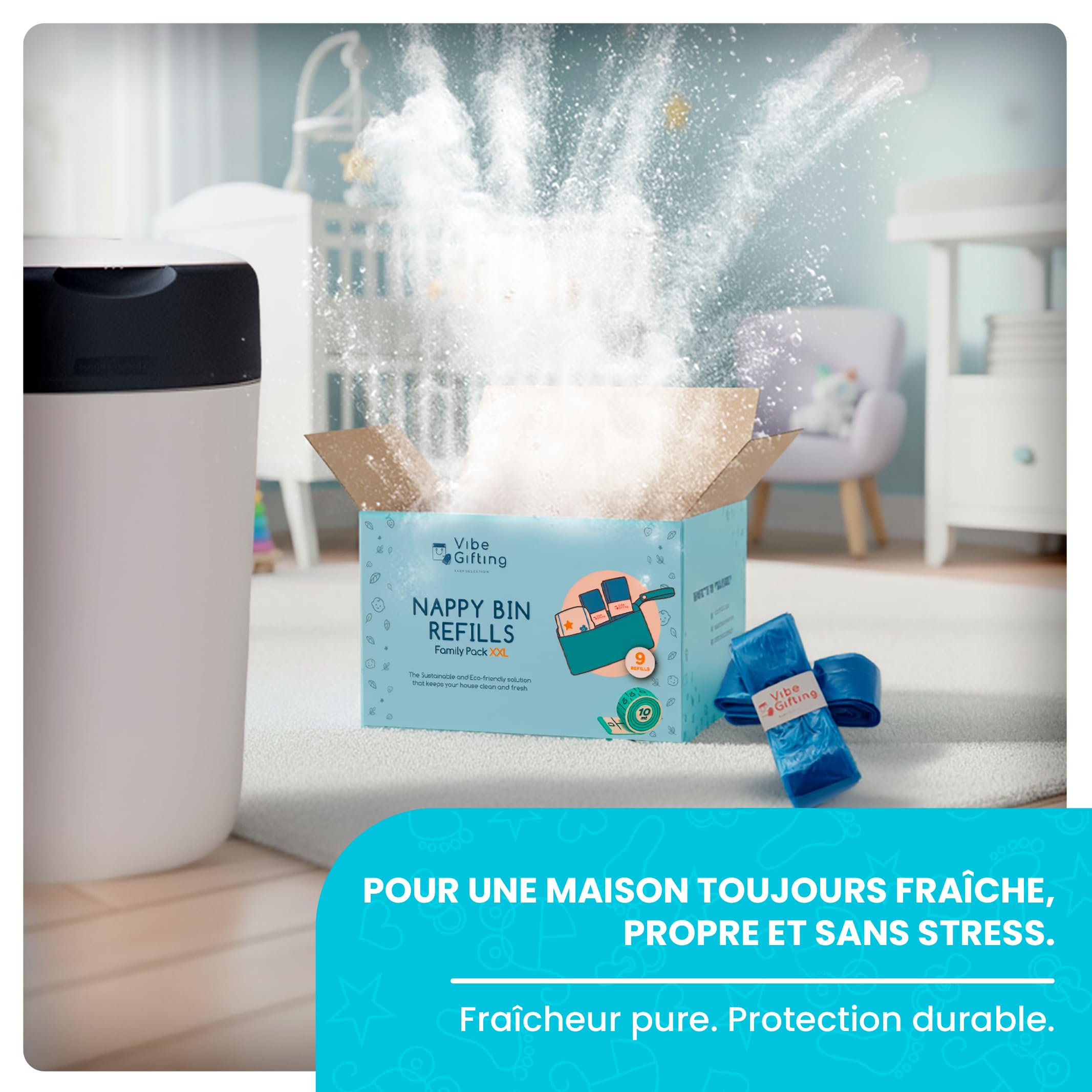 VibeGifting® Pack XXL-9 Recharge Poubelle à Couche 10 m Compatible Tommee Tippee Angelcare Antibactérien Parfumé Anti-Odeur Sans BPA Recyclé