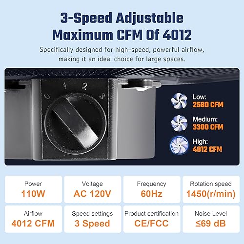 Miniatura 3 de Xcity Ventiladores de piso industriales de metal de 18 pulgadas, máximo 4012 CFM, ventilador de alta velocidad resistente con 3 velocidades e