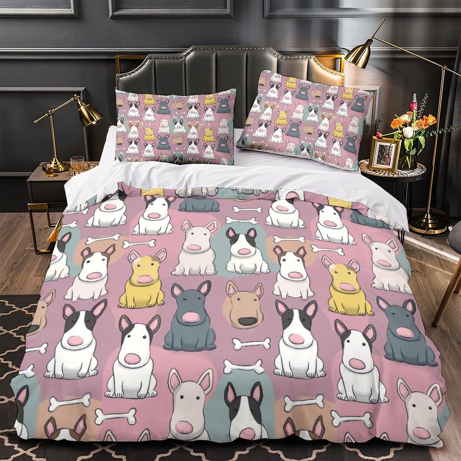 MMDASBVPE Cartoon Bull Terrier Dogs Quilt Cover 3D Print Extra Soft 3PCs Bed Linen Hidden Zipper Duvet Cover Premium Machine Washable for Adults Teens Women Kids Girls Boys Single（140x200cm）