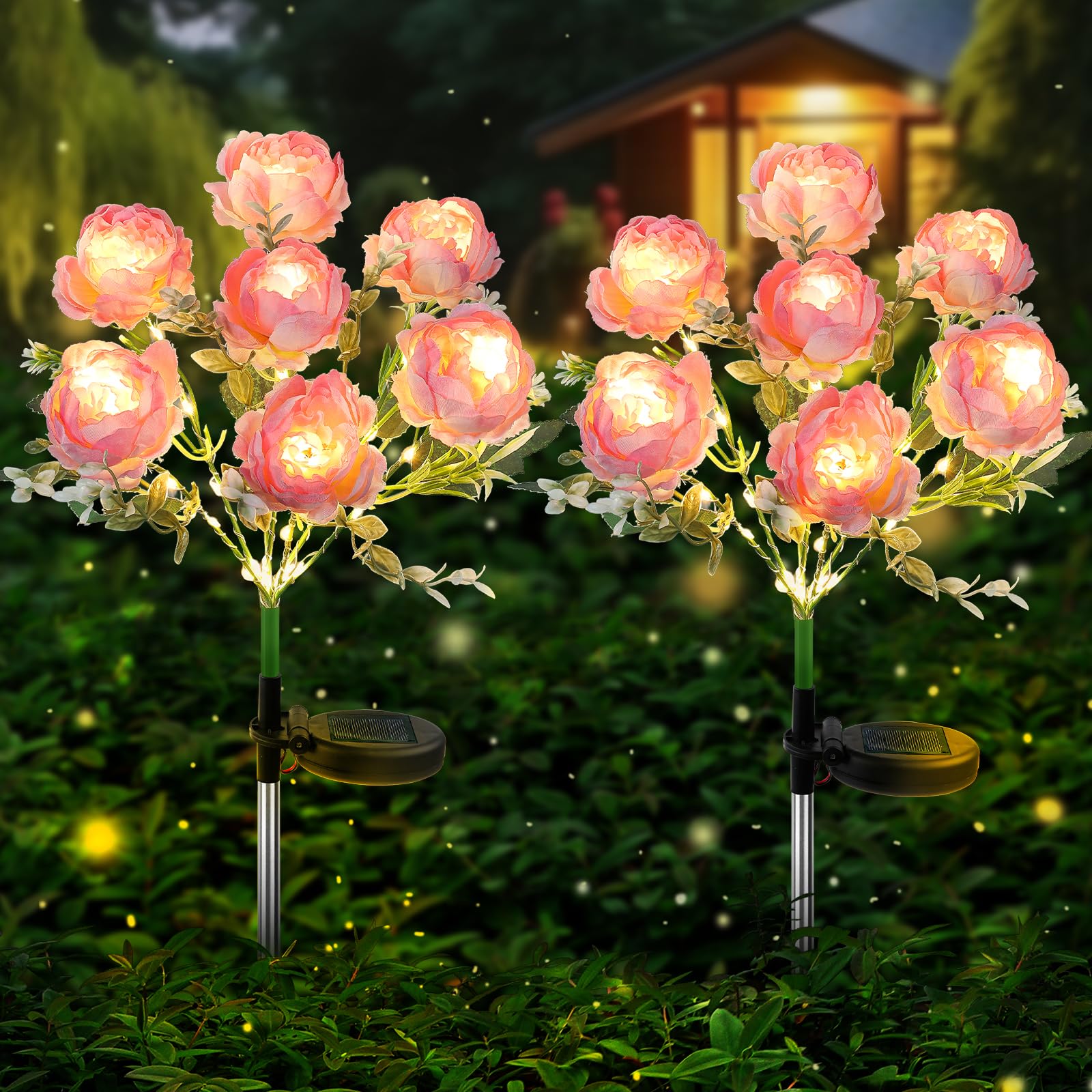 Joyoldelf Solar Lights Outdoor Waterproof, 2 Pack Pink Peony Flower Garden Lights with 7 Flowers, Warm White Decorative Pathway Lighting for Yard Patio Driveway, Solar Powered Landscape Lamp