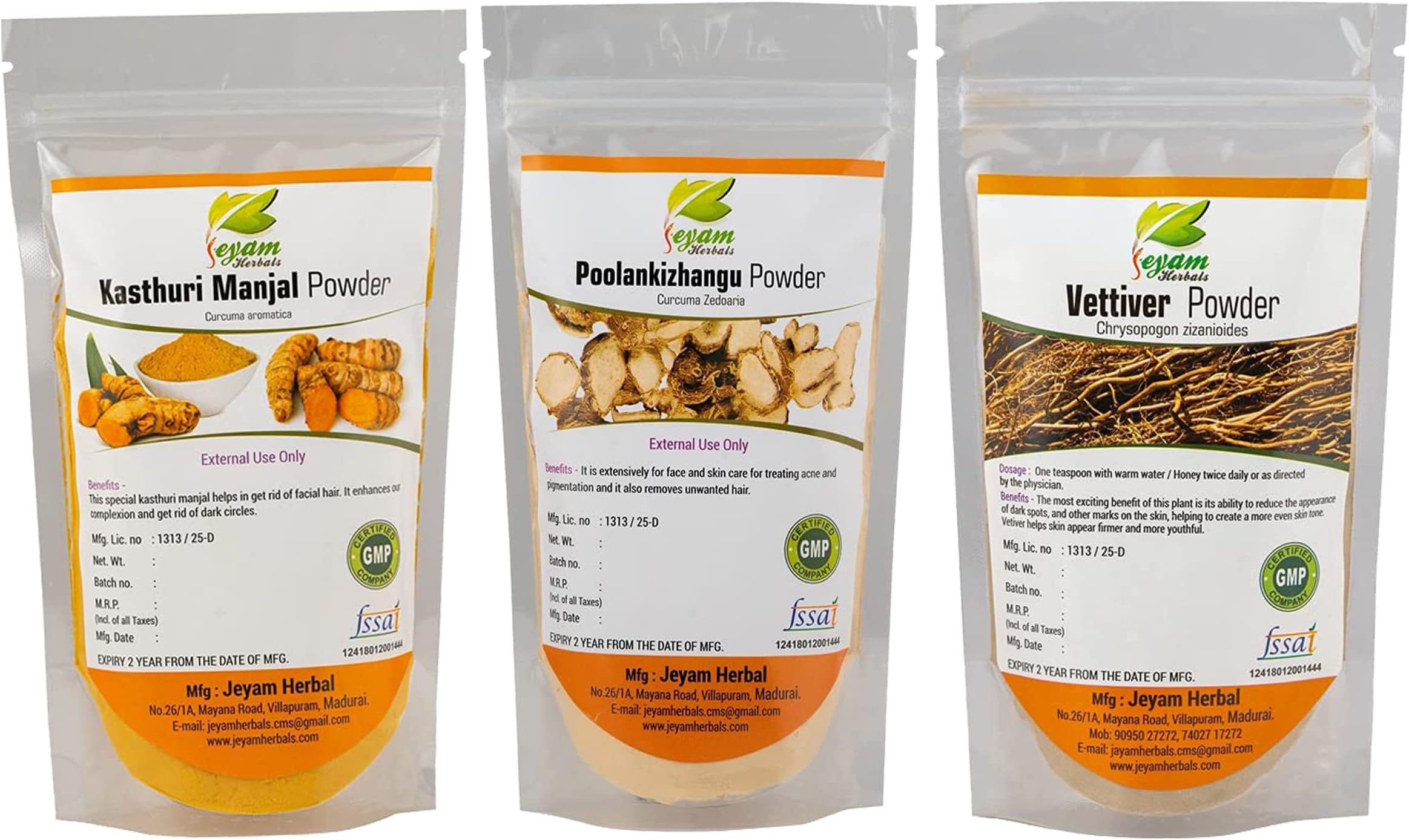 Jeyam Herbals Kasthuri Manjal Powder(200G), Poolan Kilangu (200G) & Vettiver Powder (100G)