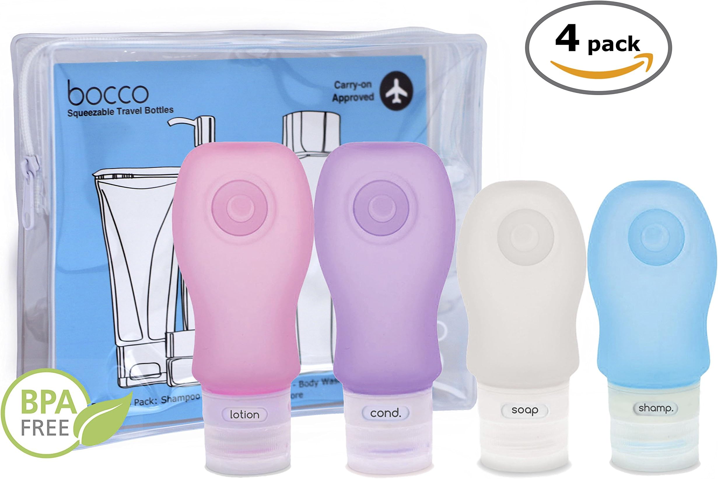 Bocco Leak Proof Squeezable Travel Bottles, TSA Approved Travel Accessories for Carry On Luggage - Perfect for Liquid Toiletries - 4 Pack (2 Medium, 2 Large) (Pink/Purple/Clear/Blue)