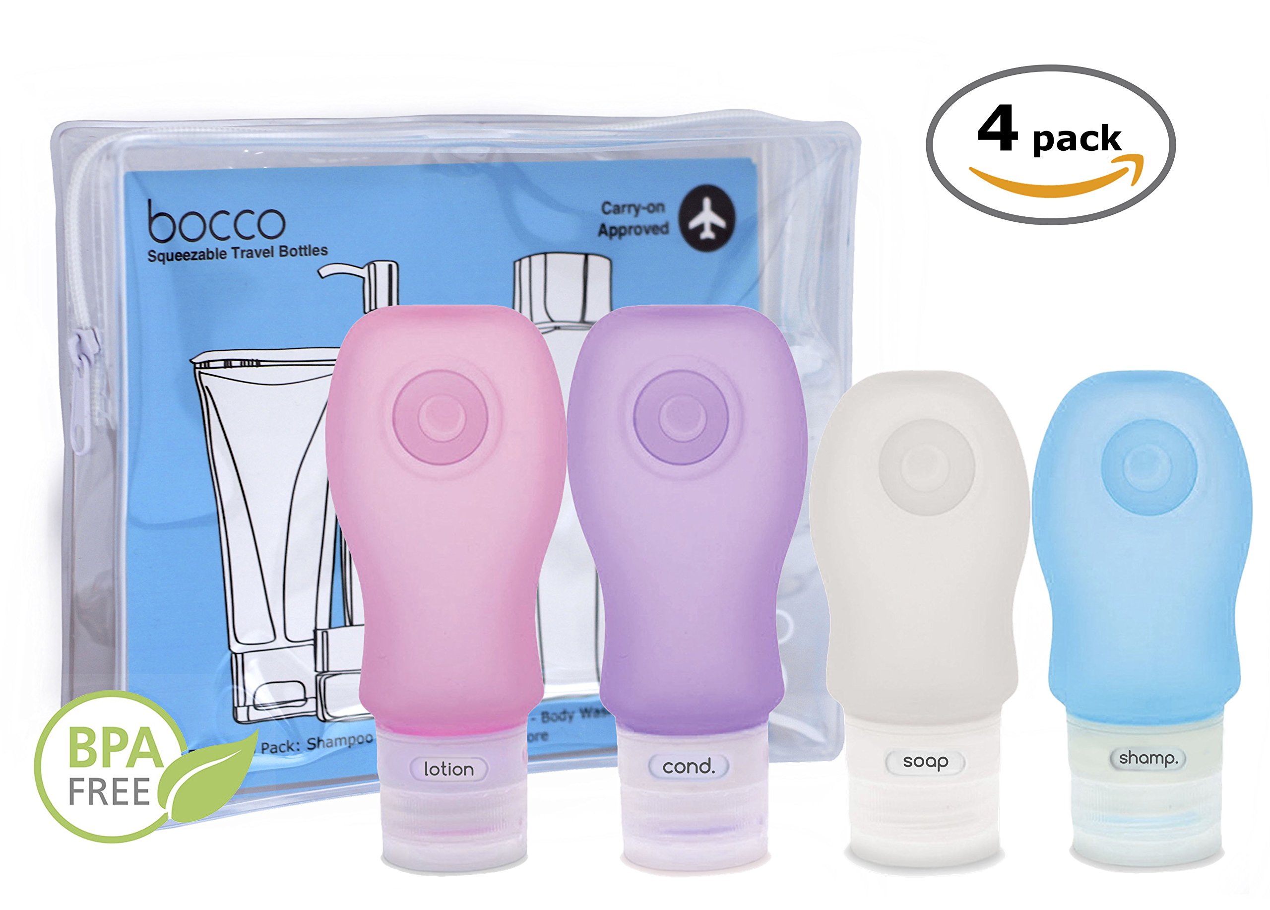 Bocco Leak Proof Squeezable Travel Bottles, TSA Approved Travel Accessories for Carry On Luggage - Perfect for Liquid Toiletries - 4 Pack (2 Medium, 2 Large) (Pink/Purple/Clear/Blue)