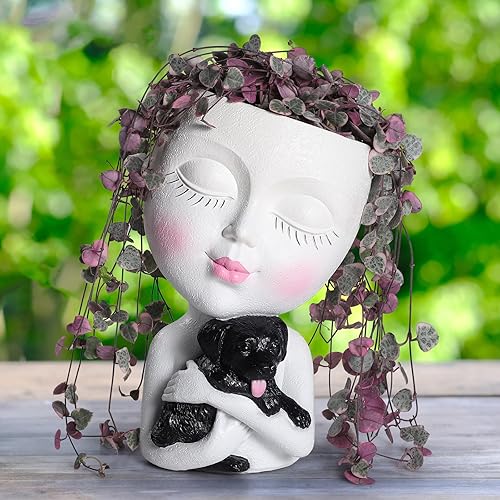 WEWEOW Macetas con cabeza para interior y exterior, maceta con perro, maceta suculenta con agujero de drenaje, bonitas macetas de cara de dama