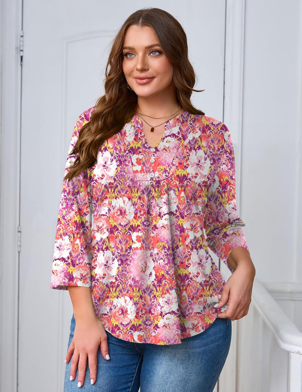 TFSDOD Women Shirts Plus Size 3/4 Sleeve Boho Tops Casual V Neck Dressy Blouses Flowy Business Loose Fit Work Tunics Tops - Image 3