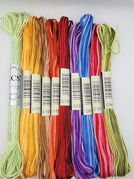 KCS 9 skeins 6-Strand Cross Stitch Variegated Cotton Embroidery Floss + 1 Skein Pearl Shiny Metallic Thread B