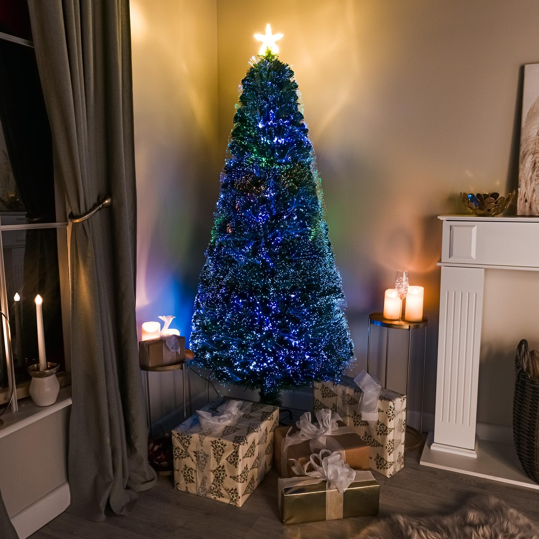 2ft - 7ft Green Pin Prick Fibre Optic Christmas Tree with Multi Coloured Fibre Optic Lights (6FT)