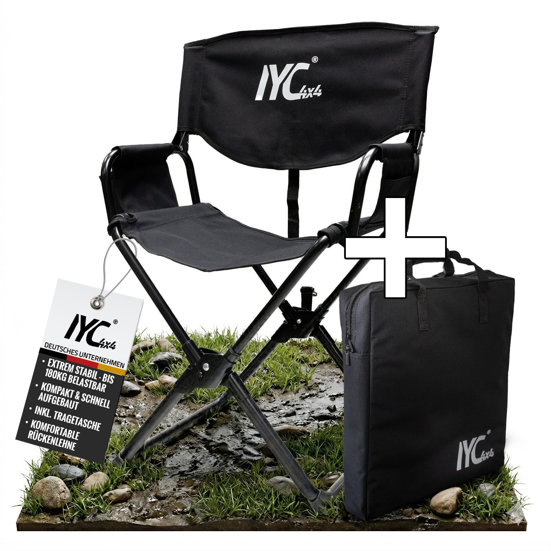 Campingstuhl faltbar bis 180kg belastbar – Stabiler Outdoor Klappstuhl mit Rückenlehne – kompakter Expander Sitz inkl. Tragetasche – Leichter Reise-, Angel- & Festivalstuhl für Camping & Overlanding