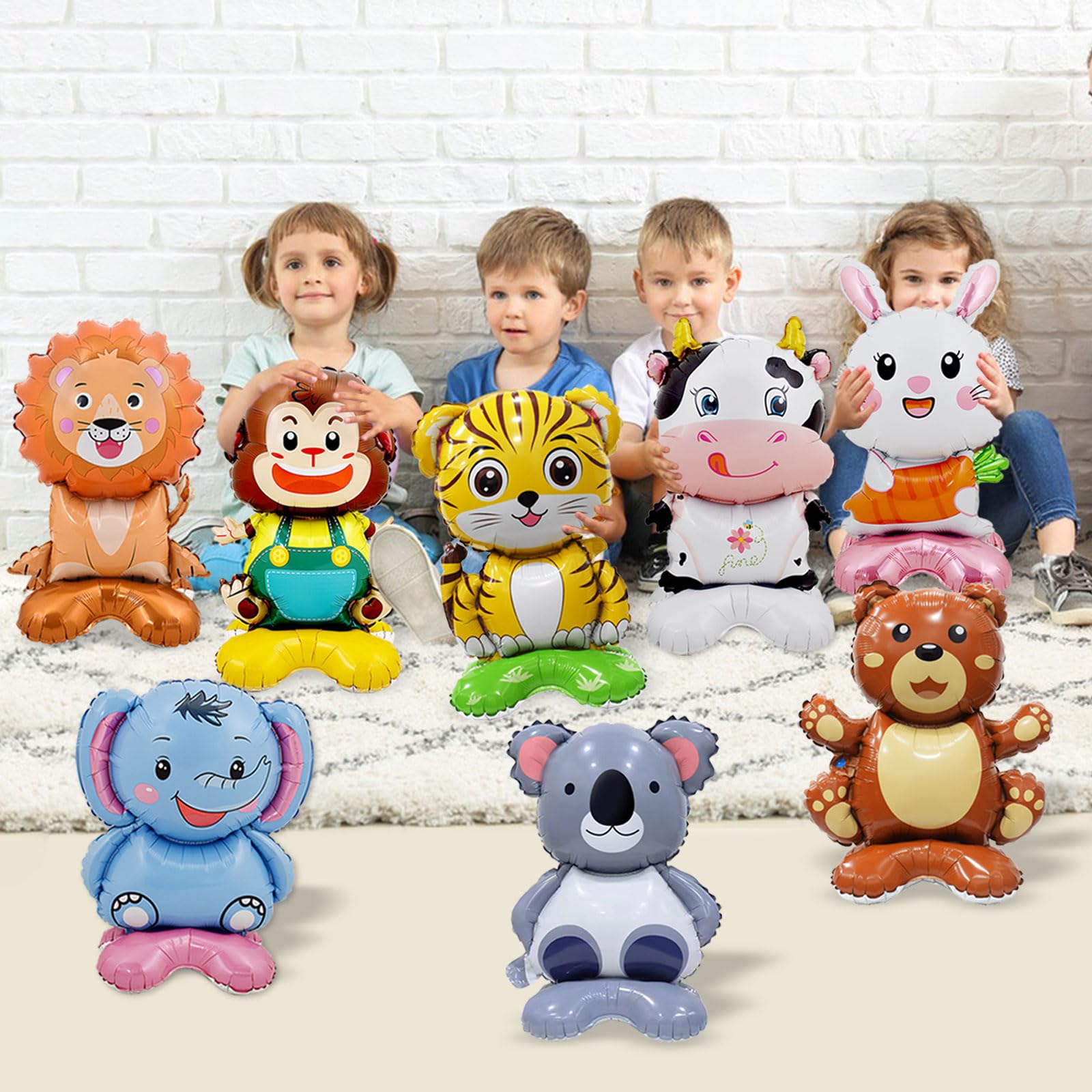 8 Pc Standing Cute Animal Foil Balloons - Lion, Bear, Cow, Monkey, Koala, Tiger, Elephant, Bunny - Jungle Safari Zoo Themed Baby Shower Birthday Party Decorations