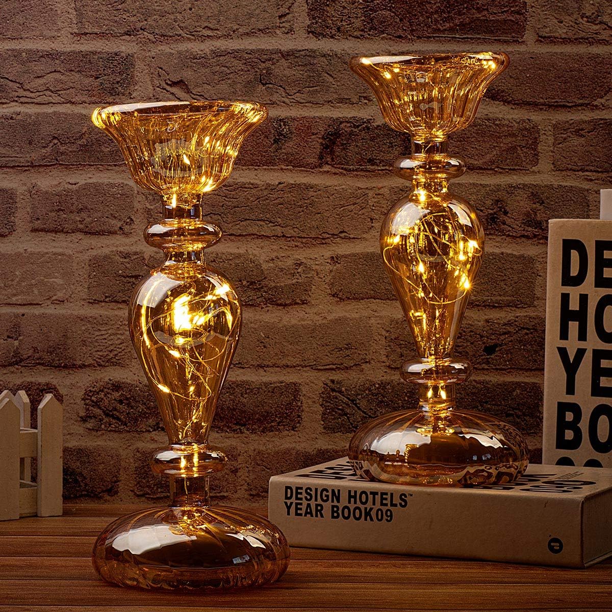 UMEIED Handmade Candle Stand Holder with Fairy Lights, Battery Powered Light Up Candle Holder Pedestals, Set of 2, Luxurious Decor Accessories: Kitchen & Dining