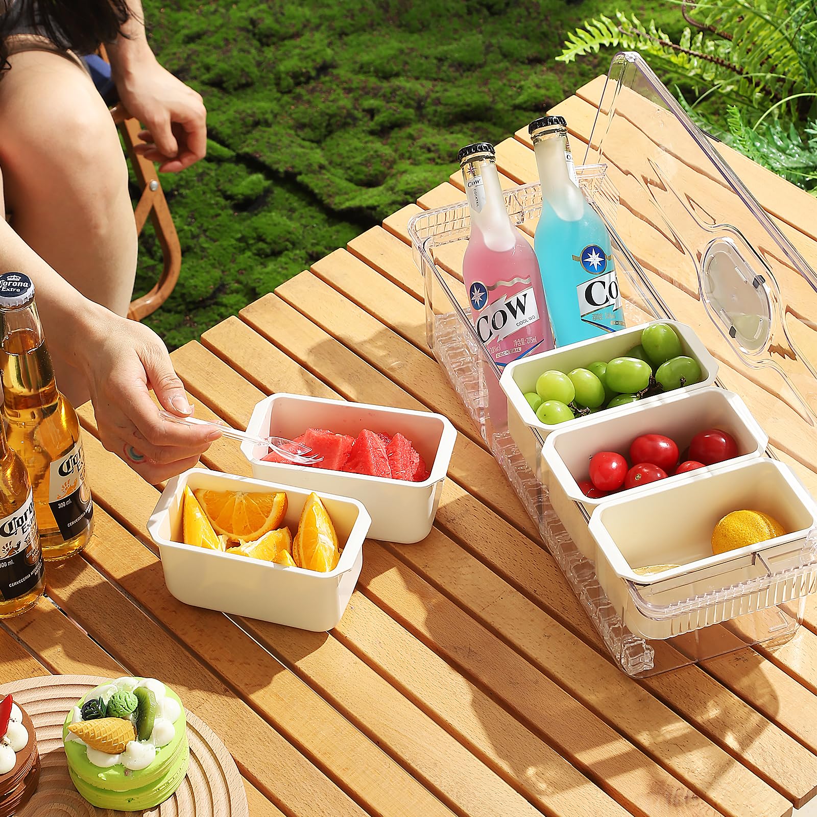 Fangoo Condimentos Refrigerados Organizador con Tapa con 5 Compartimentos 5 tenedores y 2 clips extraíbles en Hielo Bandeja Condimentos Refrigerada Viene para bar de ensalada Buffetes de pizza