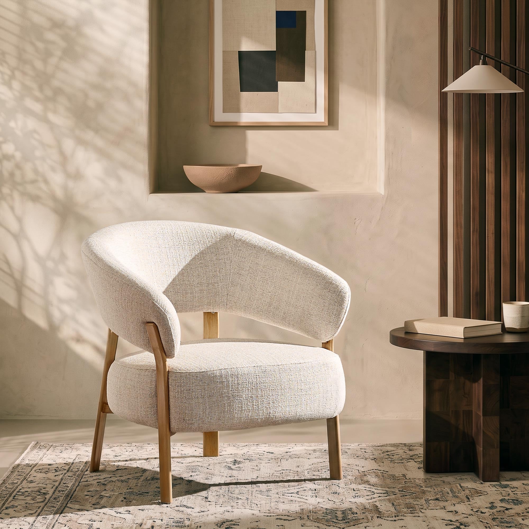 CLIPOP Linen Armchair Upholstered Wide Seat & Wood Effect Metal Legs