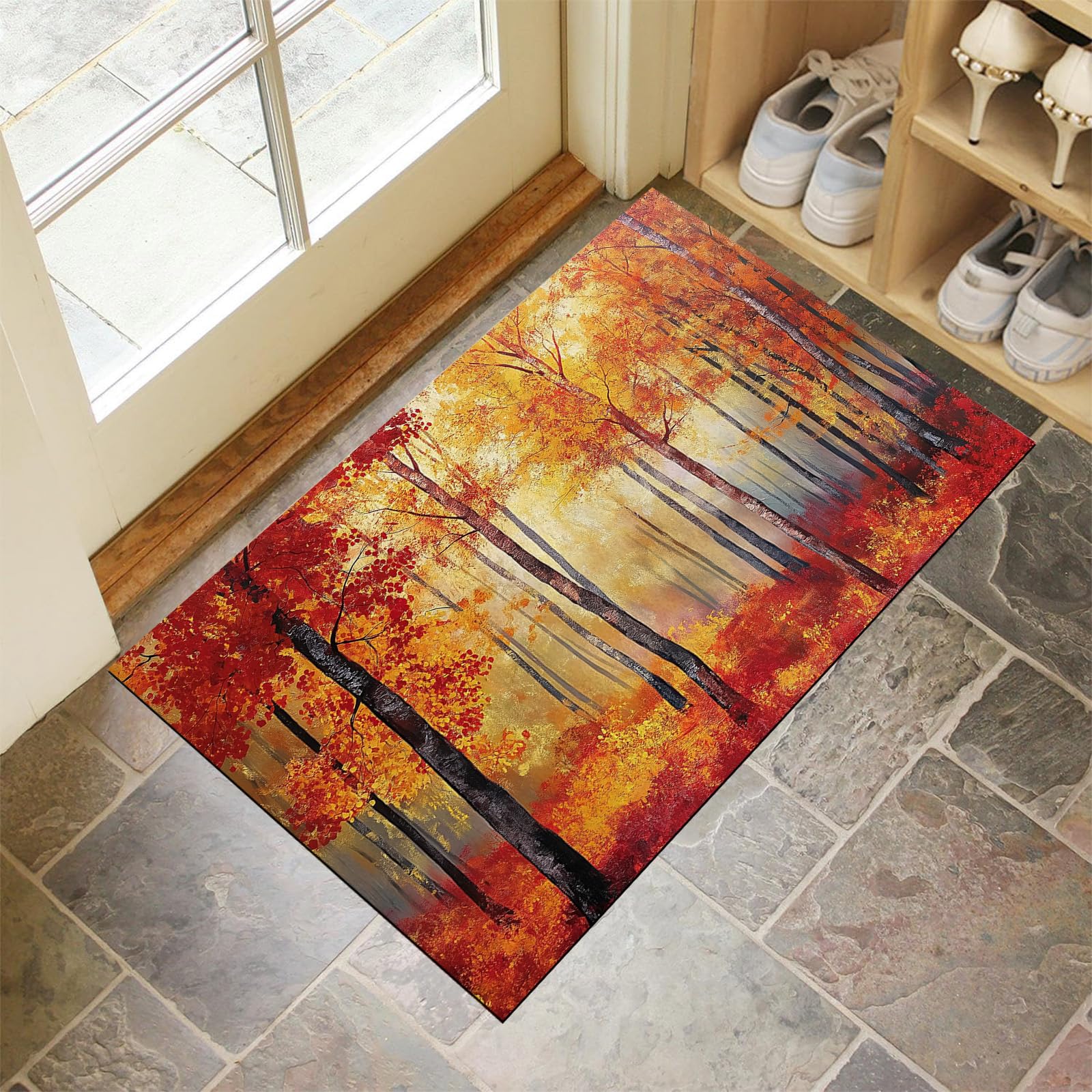 Paillasson attrape poussière 90x140cm d'entrée lavable et antidérapant forêt d'automne