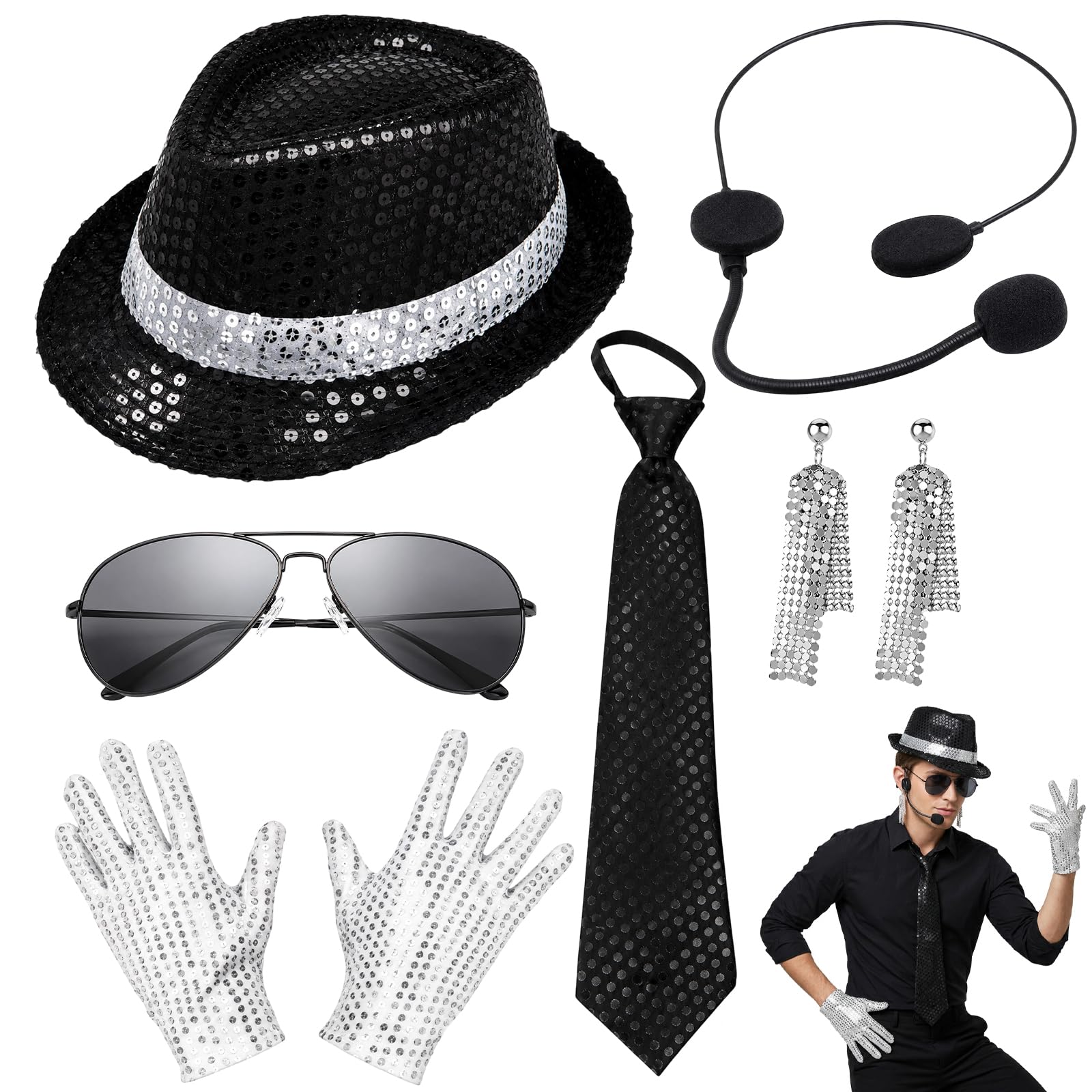8Pcs Costume Accessories, 80s Dancer Rocker Star Cosplay Set with Jazz Sequin Hat Gloves Earrings Microphone Tie Sunglasses,1980’s Dancer Rocker Star Fancy Dress Cosplay Halloween Party Dress Up Props