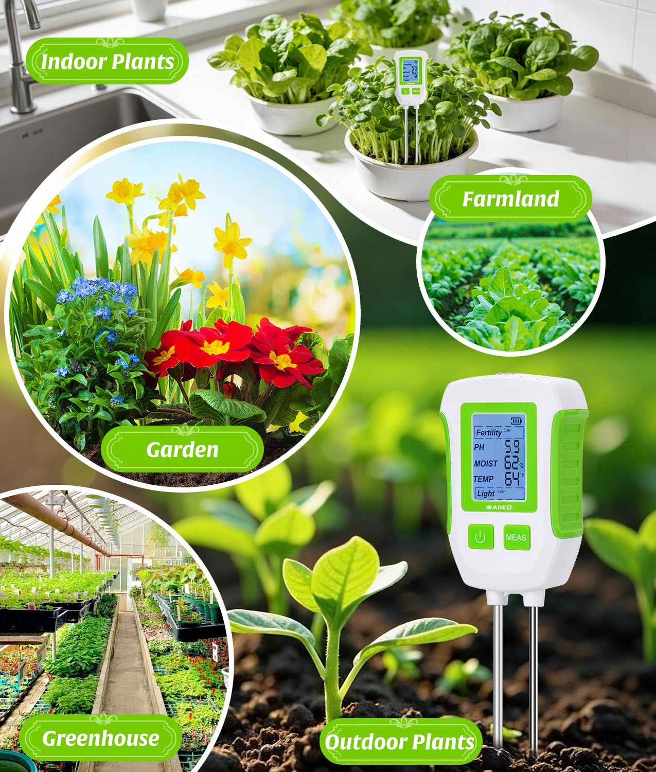 WADEO Medidor de suelo 5 en 1 para temperatura/fertilidad/humedad del suelo/pH/luz solar, pantalla LCD con retroiluminación, medidor digital de suelo para jardinería y agricultura