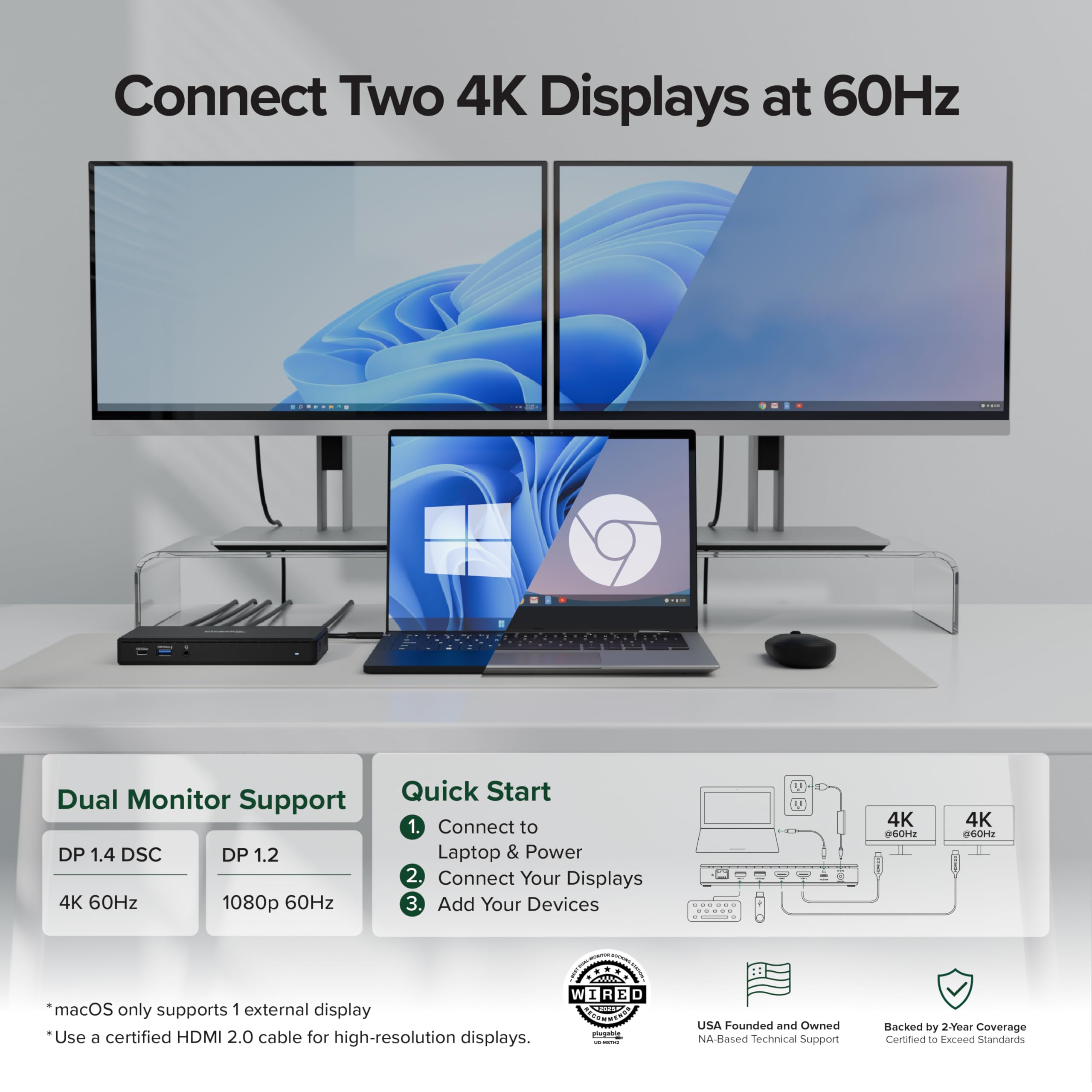 Plugable UD-MSTH2 Station d'accueil USB C double moniteur 2 ports HDMI, station de distribution d'alimentation, double moniteur 4K pour Windows, ChromeOS, 1 port USB-C, 3 ports USB, Ethernet et audio