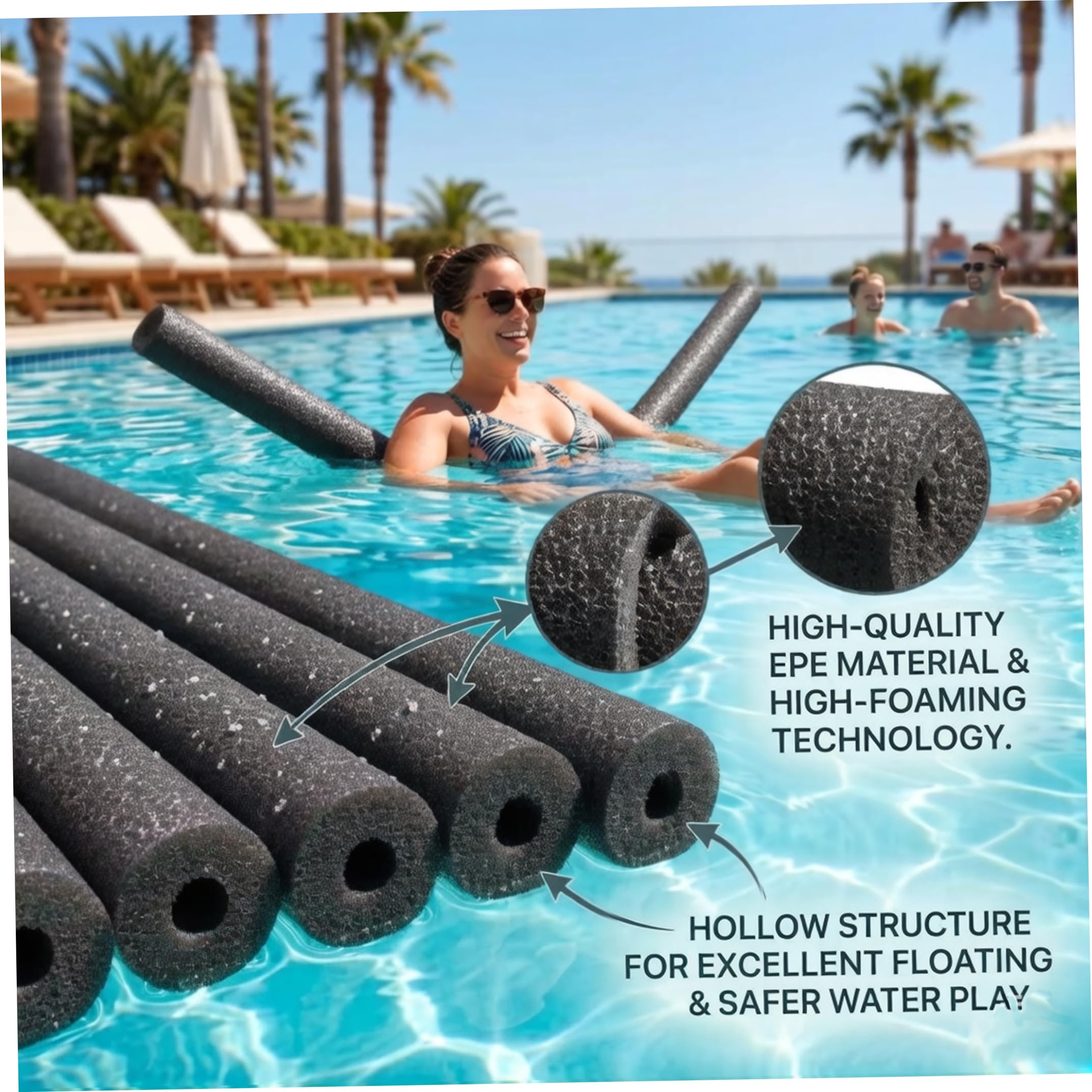 Lot de 3 Frites de Piscine Noires en Mousse PE Creuse, flottantes, antidérapantes et Absorbant Les Chocs