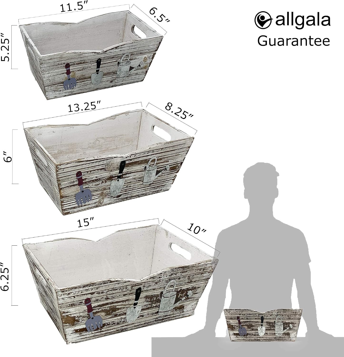 allgala HD88341 3-PC set Wooden Boxes Planter Trough for flower pots - Indoor Outdoor decoration Storage Display Boxes (Style 4)