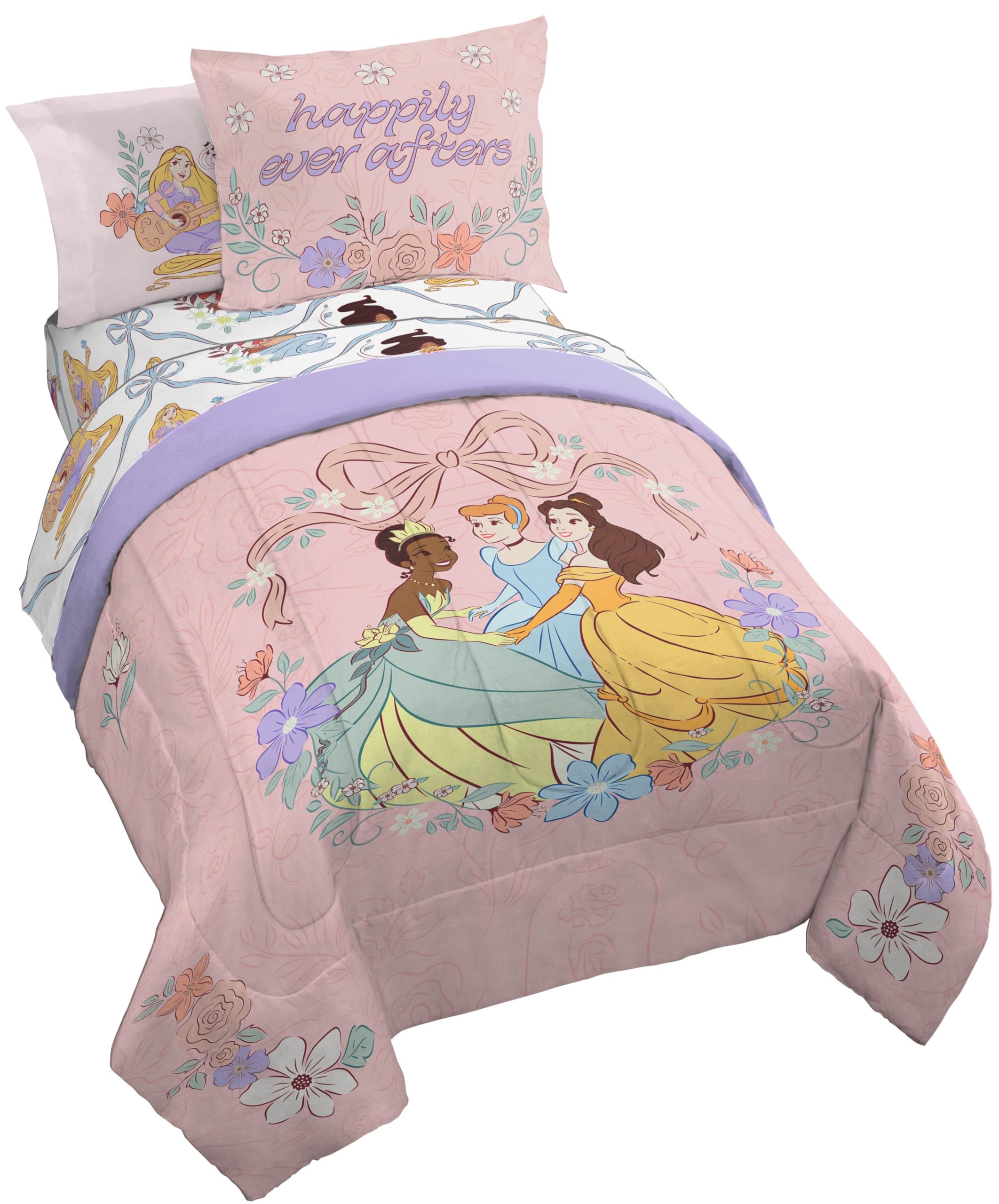 Disney Princess Twin Comforter Set 5 Piece Kids Bedding for Girls, Pink