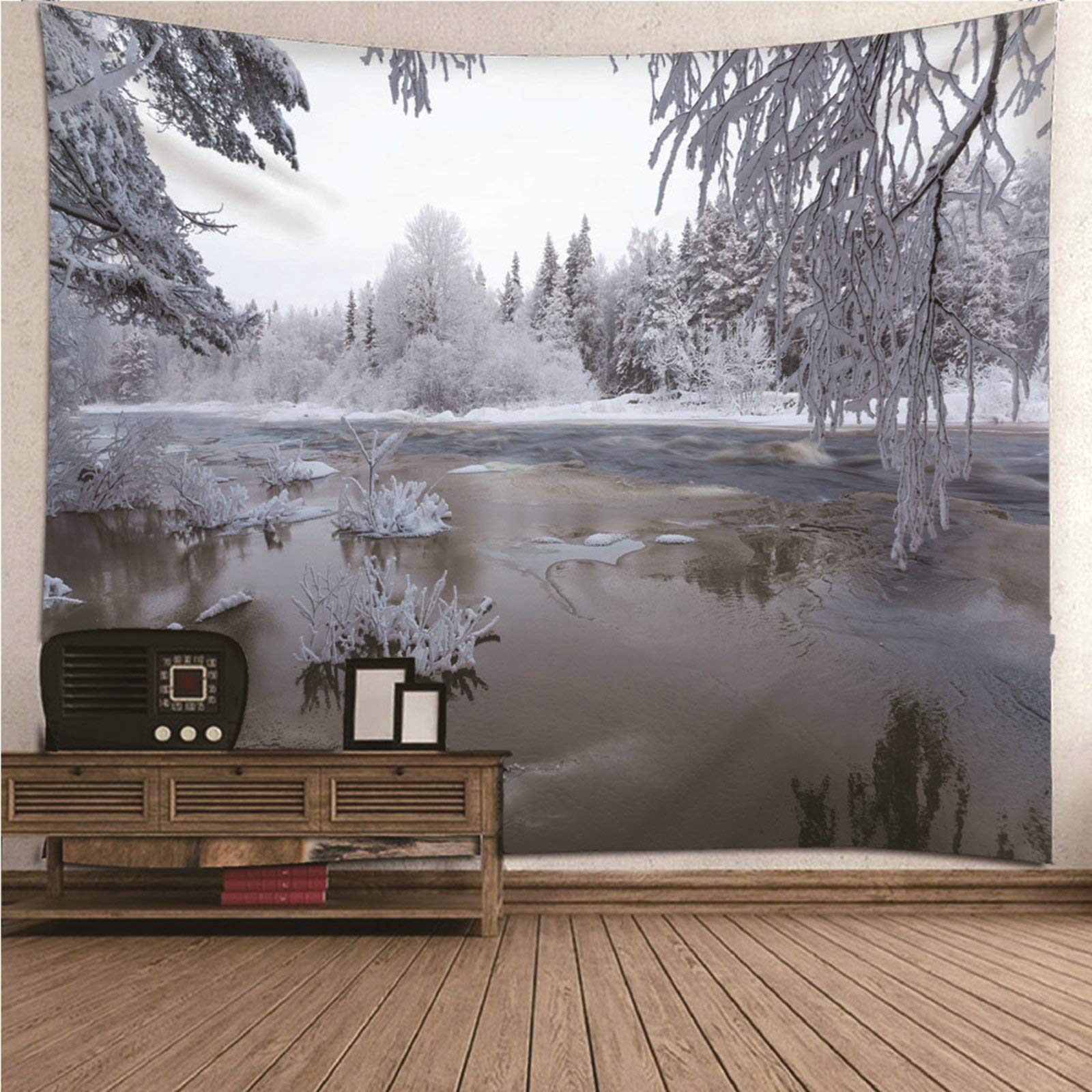 Tapiz de pared decorativo blanco y negro KnSam, decoración invernal de poliéster de 150 x 130 cm