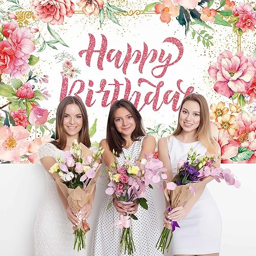 Miniatura 4 de Cartel de fondo de feliz cumpleaños para niñas y mujeres, pancarta de cumpleaños floral de acuarela rosa grande, flores de tela, fondo de foto de