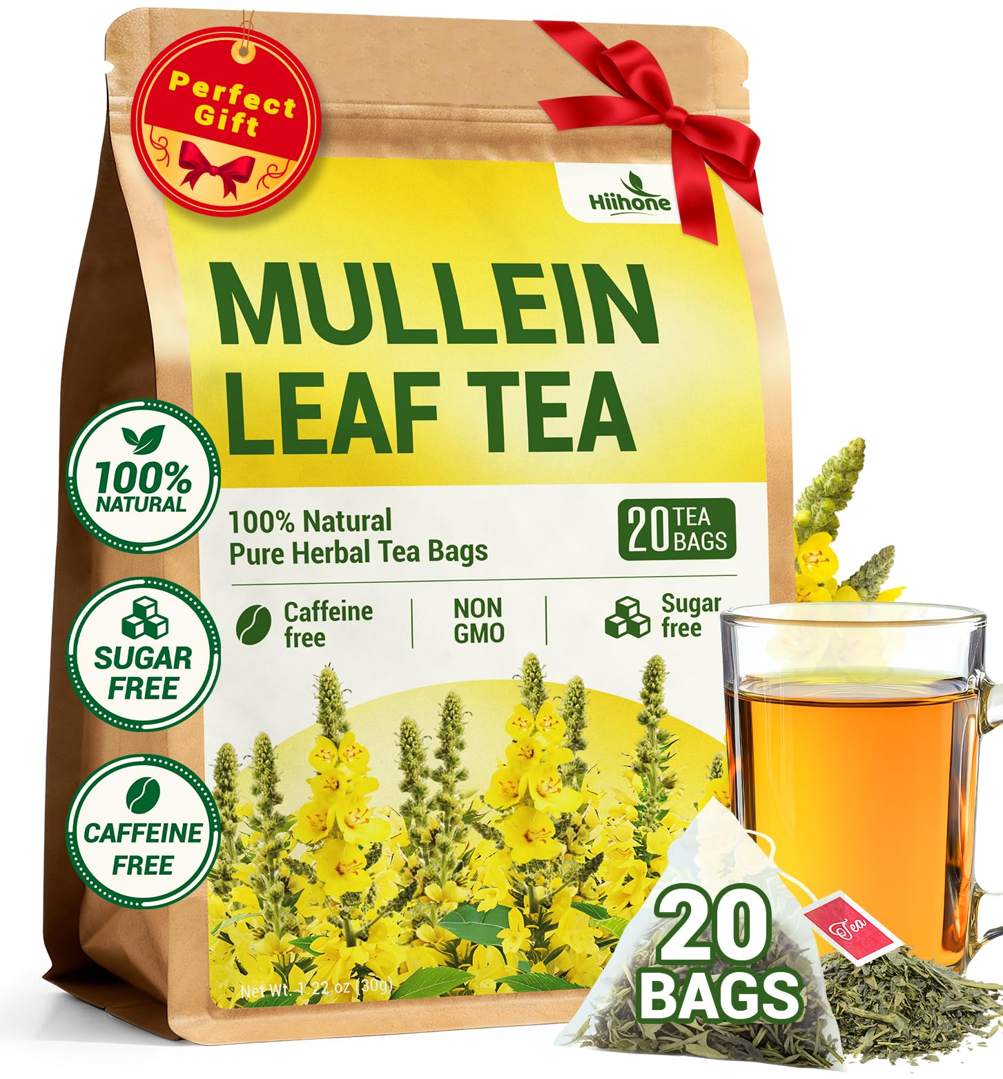 Mullein 폐 지원을 위한 잎 티백, 티백 20개, 뮬레인 잎의 허브 티, 카페인 프리, 설탕 없음