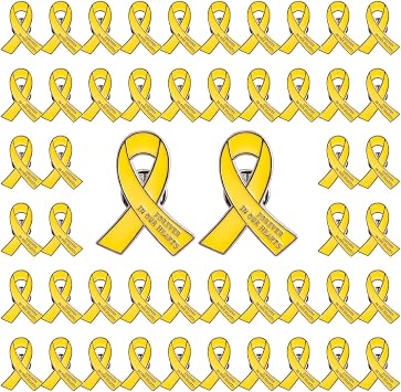 WANDIC 50pcs Yellow Ribbon Pins Bone Cancer Awareness Badges Sarcoma Cancer Brooch Memorial Ribbon Badges in Forever in Our Hearts for Funeral Mourning Event Bereavement Remembrance