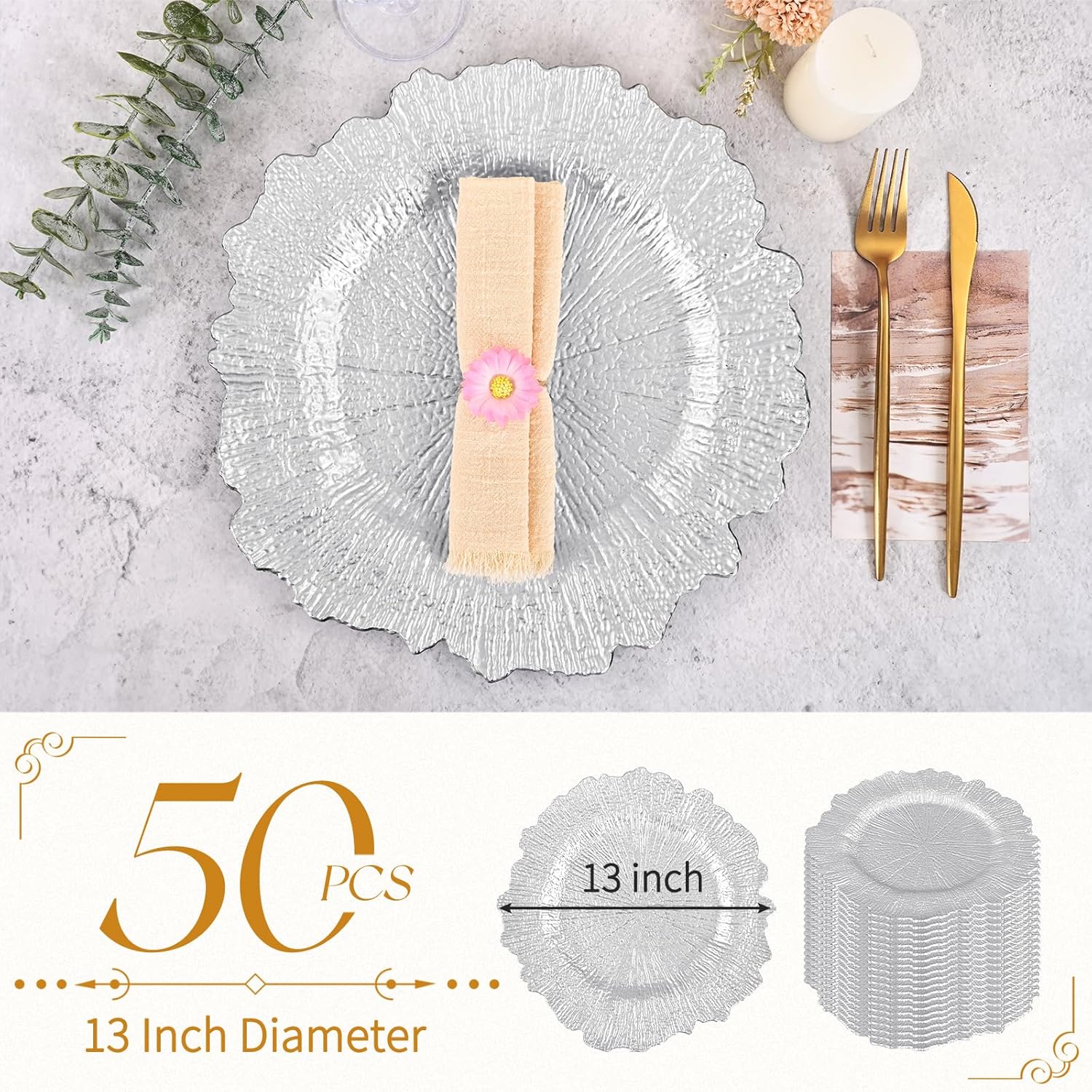 fani 50 Pcs Silver Charger Plates Bulk, 13 Inch Reef Wedding Chargers for Dinner Plate, Round Plastic Reusable Ruffled Rim Decorative for Table Setting, Parties, Wedding, Events
