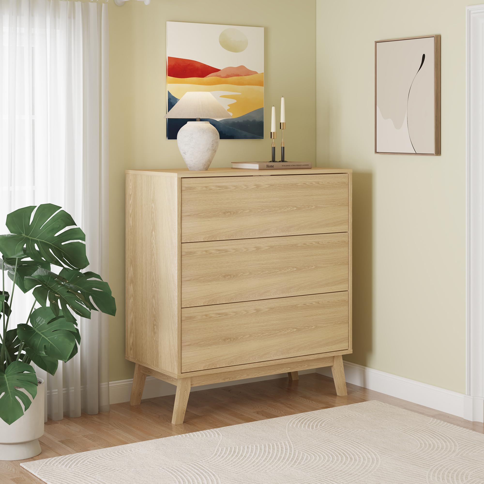 [en.casa] Kommode mit Schubladen Aastmabospoo Schubladenschrank Schlafzimmer Kommodenschrank groß Schrank Sideboard Beistellschrank 90 x 80 x 40 cm Eicheoptik hell