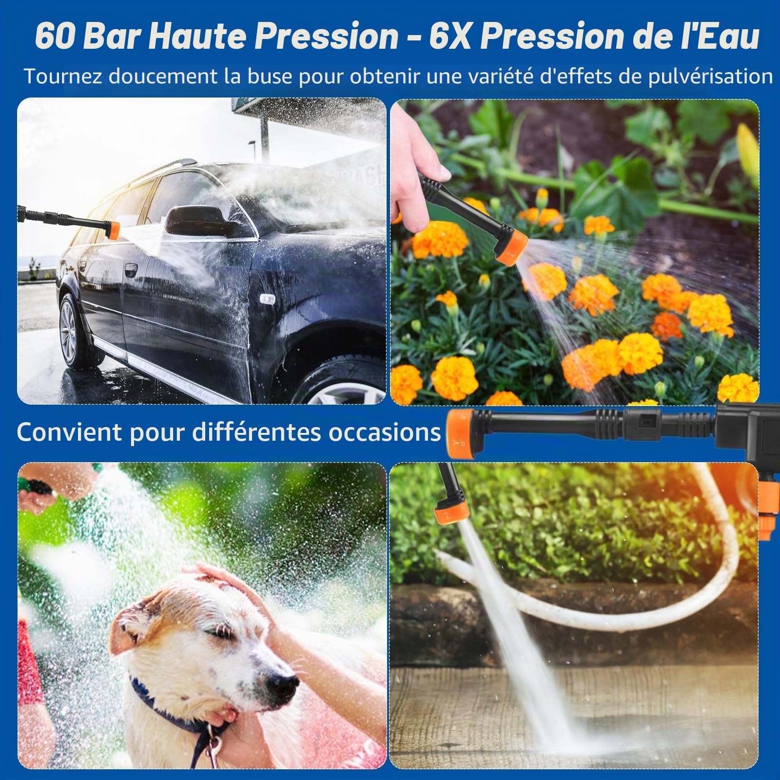 Nettoyeur Haute Pression sans Fil 60 Bar, Nettoyeur Haute Pression Portable avec 2 Batteries 1200mAh, Buse Réglable 6 en 1, Tuyau 5m, pour Voiture, Jardin, Terrasse, Maison