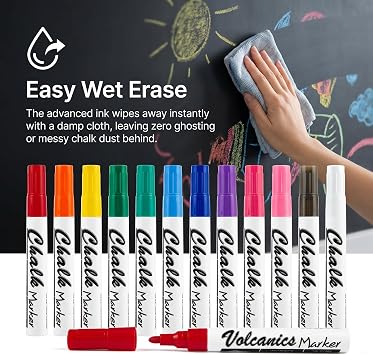 Volcanics Liquid Chalk Markers – Pack of 12 Bright Colours, Fine Tip Chalk Pens for Blackboard, Chalkboards, Windows, Glass, Erasable Wet Wipe Neon Ink, Ideal for Teachers Office & Home Use | Wet Erase Chalk Pens, No Shake or Prime Required, Water-Based, Dust-Free, Non-Toxic for Chalkboards, Windows, LED Signs