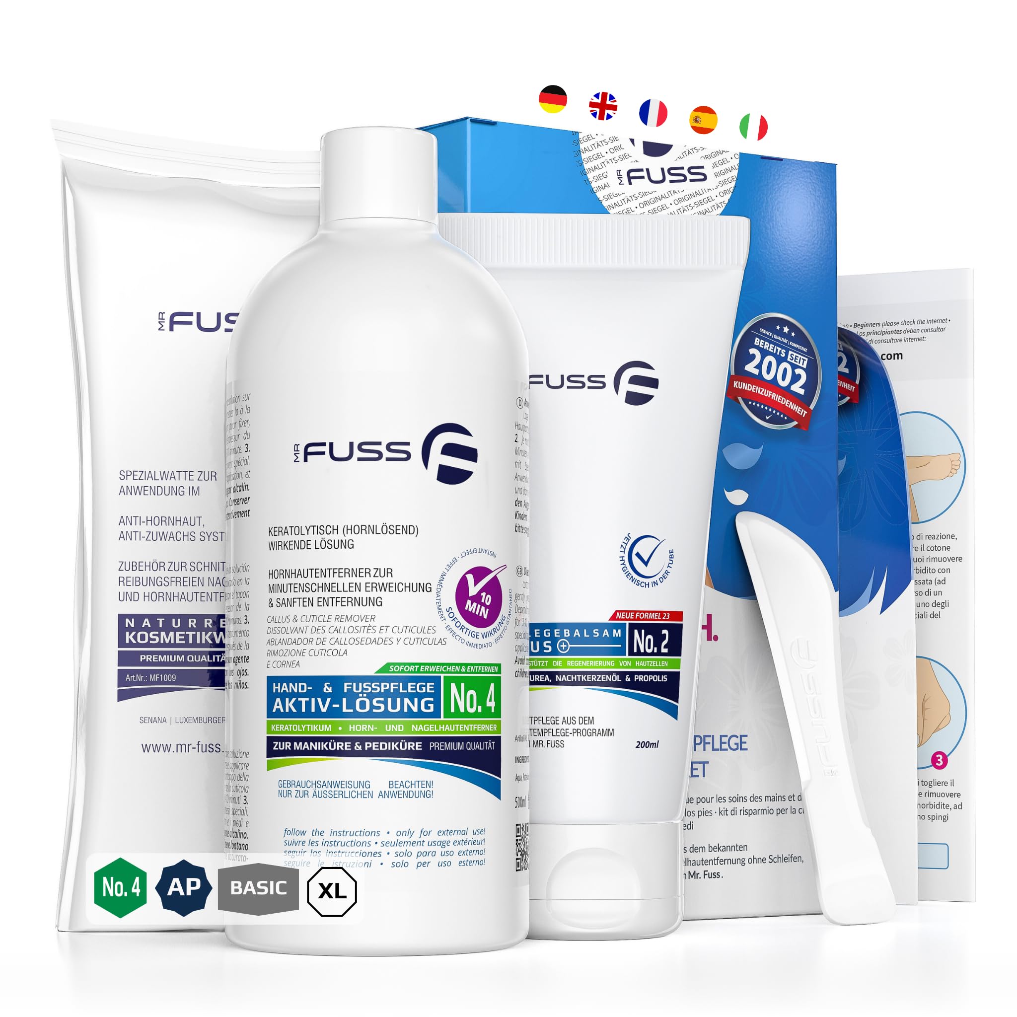 Mr. Fuss Soluzione attiva n. 4 Advanced Pack (grande) | rimuove i calli senza levigatura o sfregamento | Set di 4 pezzi per la rimozione di calli e cuticole