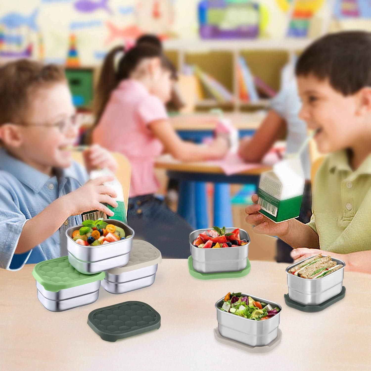 Homikit 3 Pack Snack Containers for Kids, 18/10 Stainless Steel Toddler Lunch Box with Silicone Lids, Reusable Bento Food Container Set for School Daycare, Nontoxic & Leak Proof, Green/Khaki/Gray - Image 3